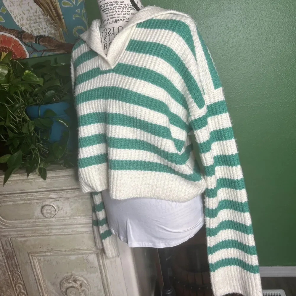 Women’s Green And White Striped Sweater By Sincerely Jules Size L